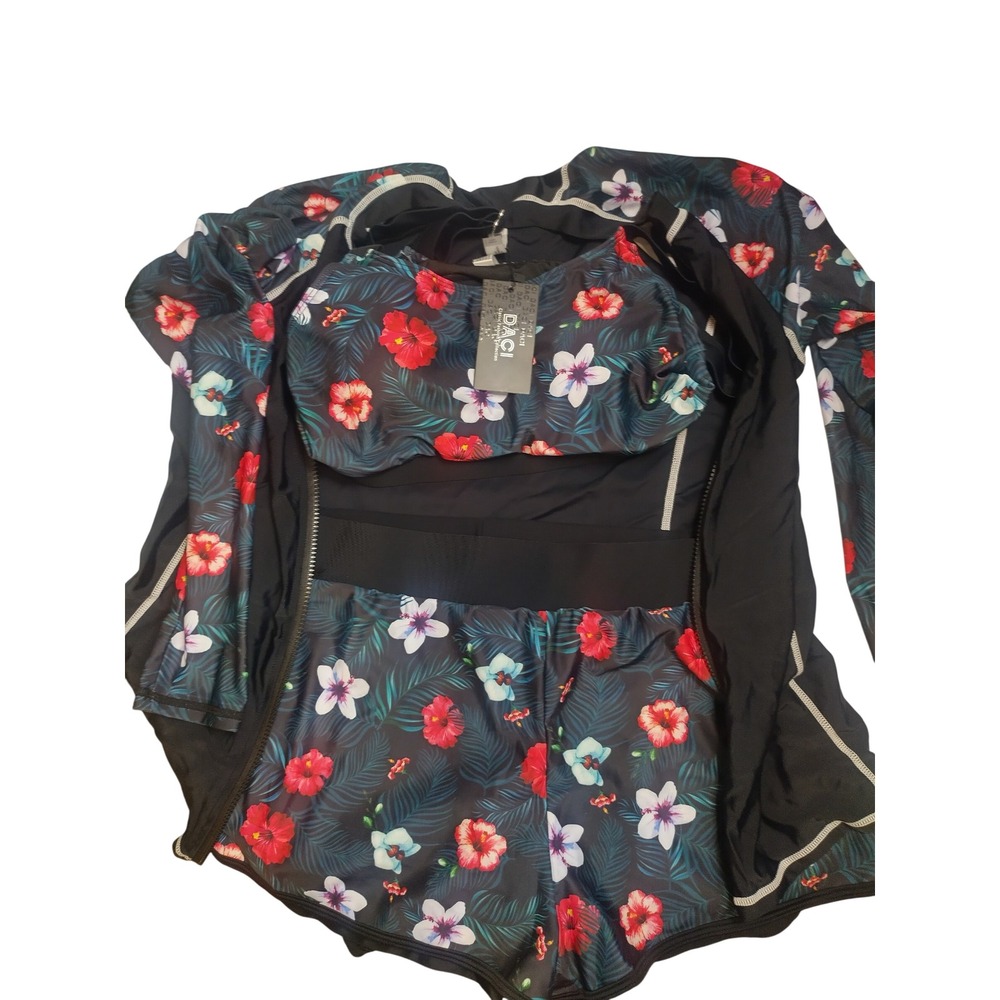 Daci Womens 3 Piece Rash Guard Swimsuit Set Floral Long Sleeve Zip Jacket Large